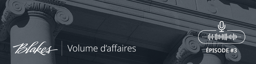 Bannière web Volume d'affaires, comportant le texte « Volume d'affaires » avec un gros plan sur un bâtiment administratif d'architecture néoclassique.